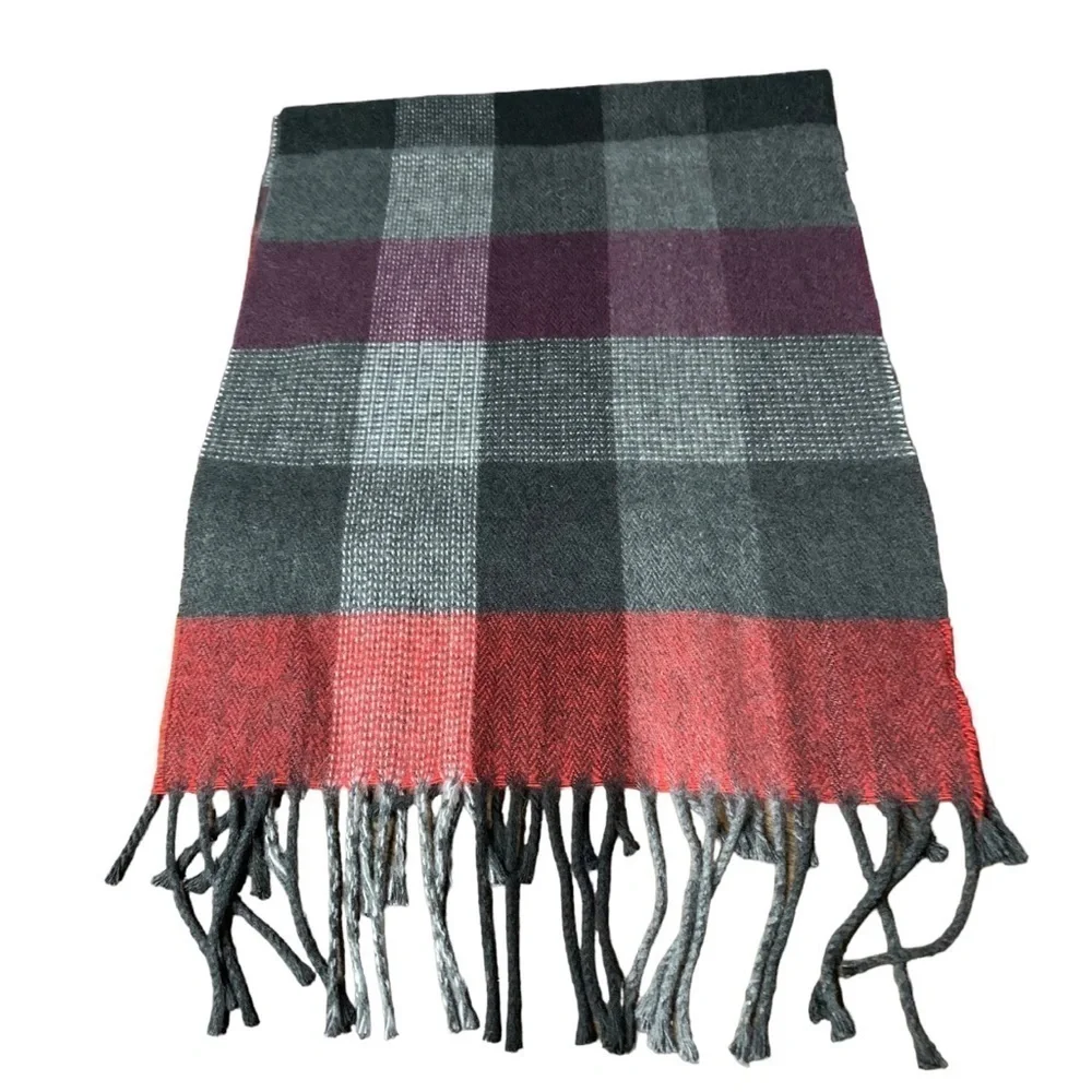 Geoffrey Beene Red and Gray Plaid Scarf with Fringe Made in Italy